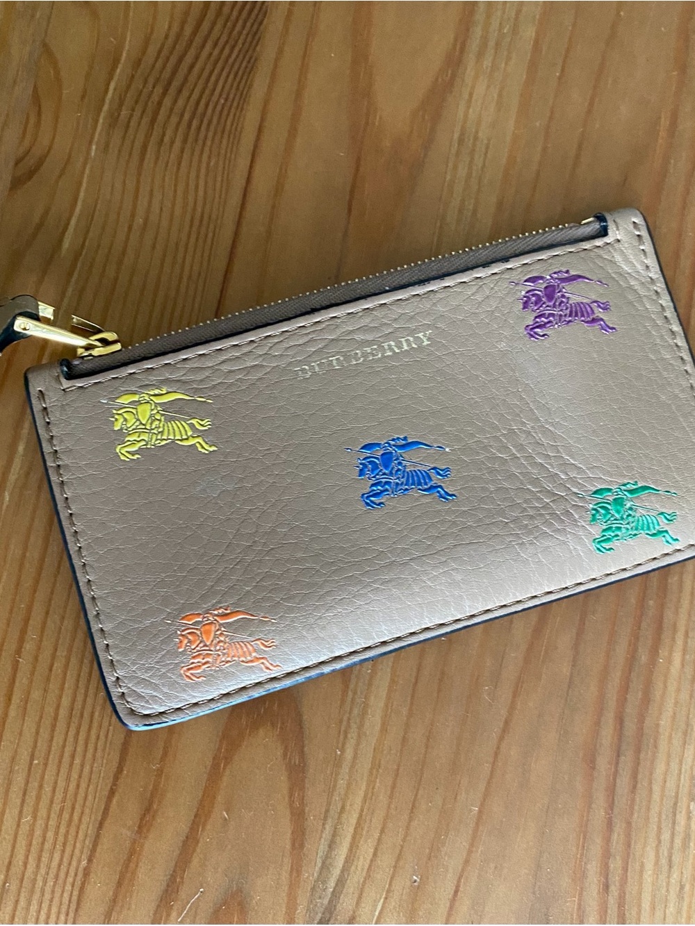 Burberry Leather Zip Card Case with Multicolor Knight Motif MSRP $400